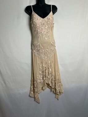 Lillie Rubin Beaded Asymmetrical Slip Dress in Champagne Beige